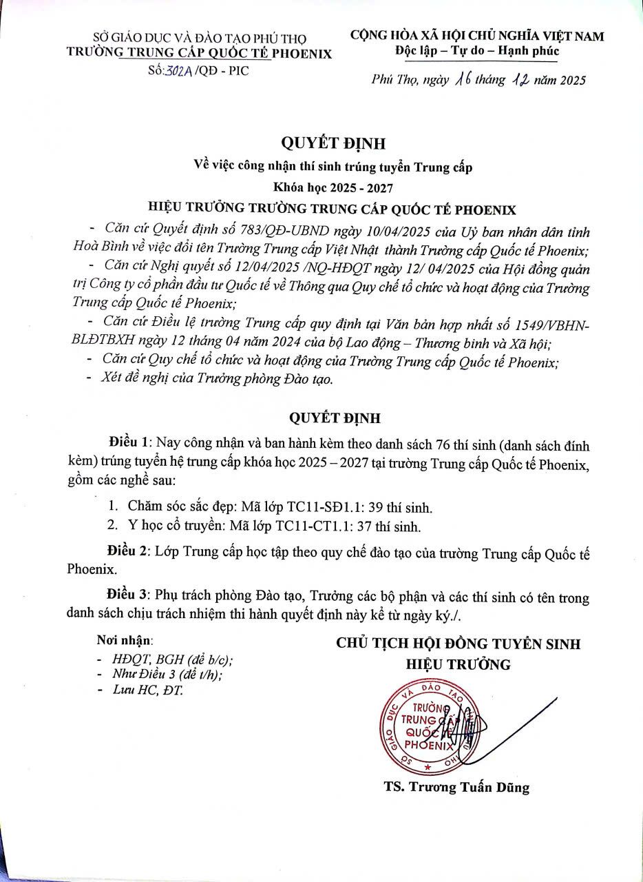 TRƯỜNG TRUNG CẤP QUỐC TẾ PHOENIX CÔNG BỐ DANH SÁCH HỌC VIÊN TRÚNG TUYỂN HỆ TRUNG CẤP